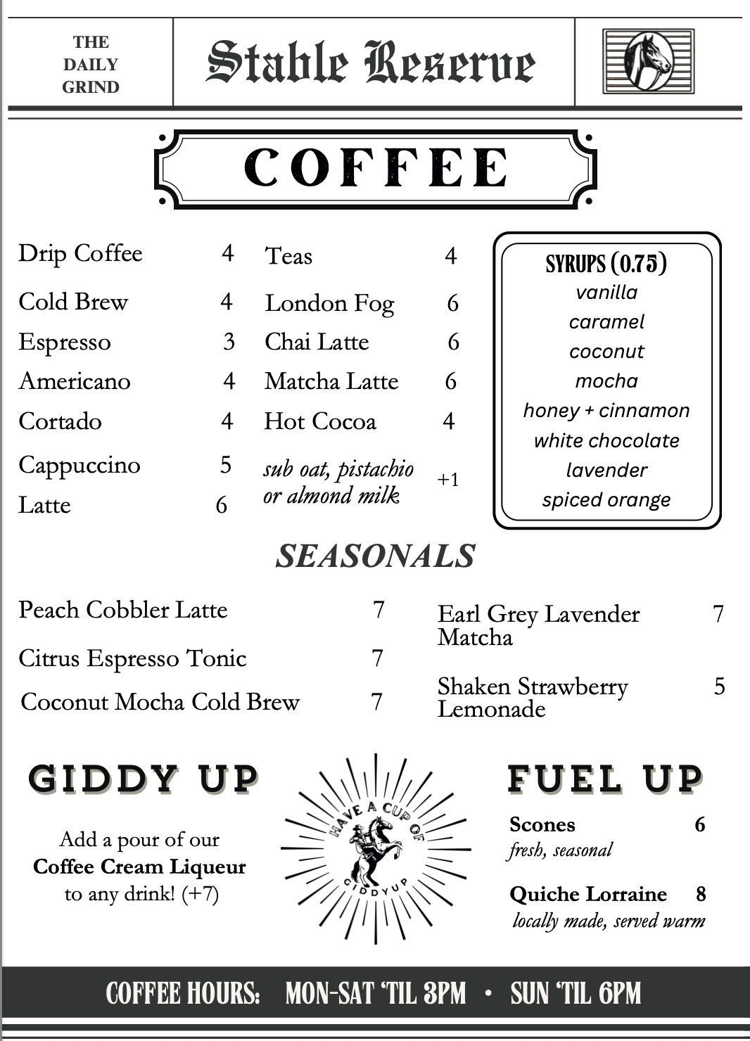 stable reserve coffee menu summer 2026